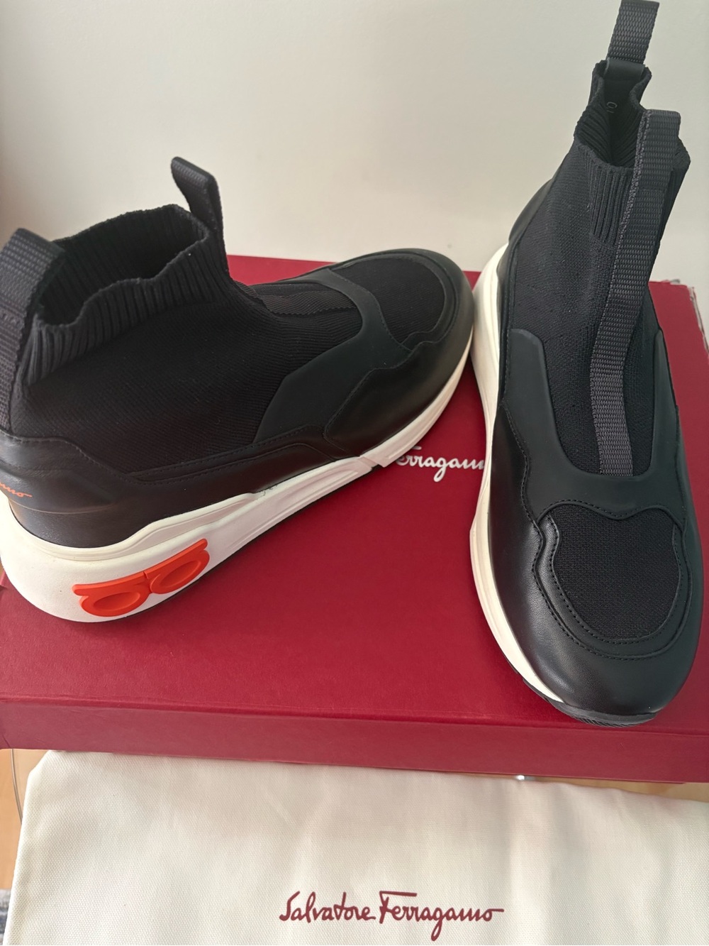 Salvatore Ferragamo Black Sock Sneaker with Orange Accents NEW & FULL INCLUSION